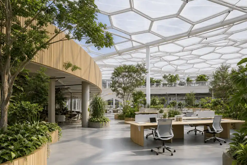Campus atrium under a luminous ETFE air cushion roof — Corporate Headquarters ETFE Roofing