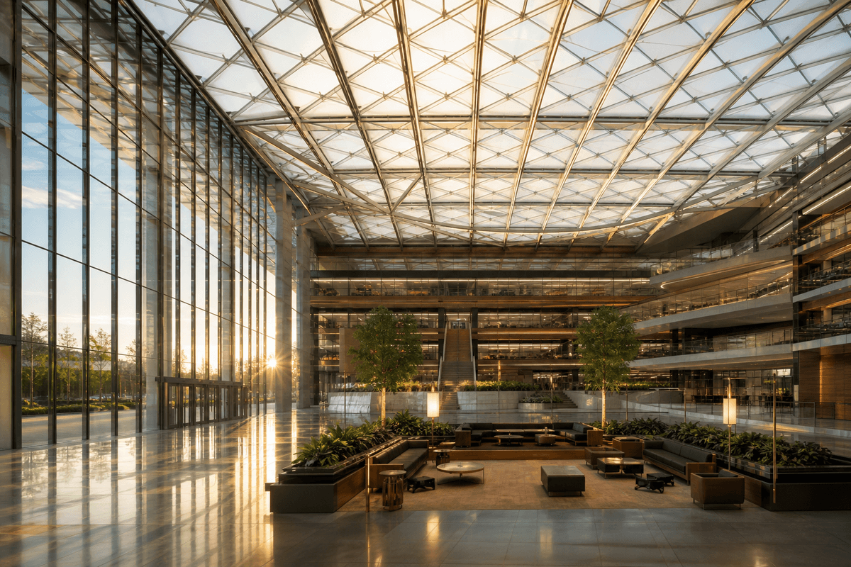 Daylit corporate headquarters atrium under a translucent ETFE roof