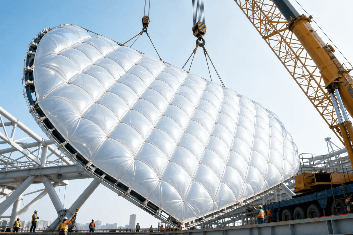 Construction crew installing ETFE cushion modules on a corporate headquarters roof grid