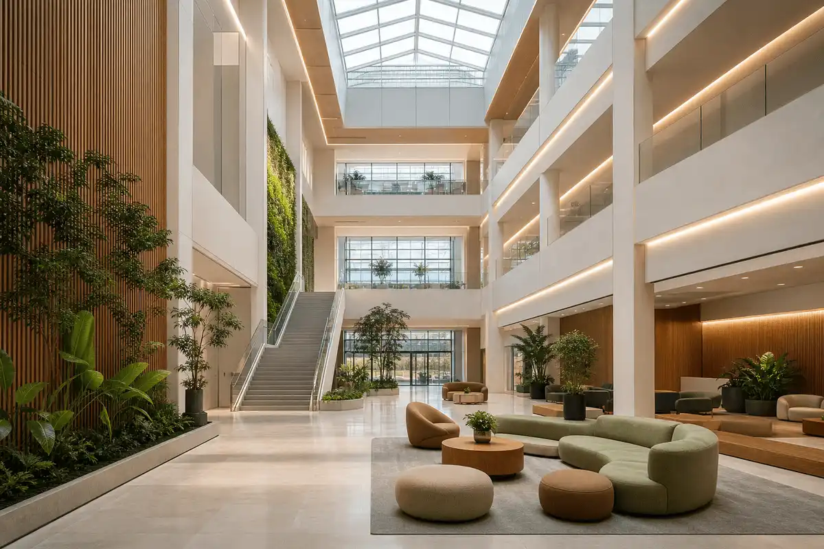 Completed corporate headquarters with translucent ETFE atrium roof — Corporate Headquarters ETFE Roofing systems