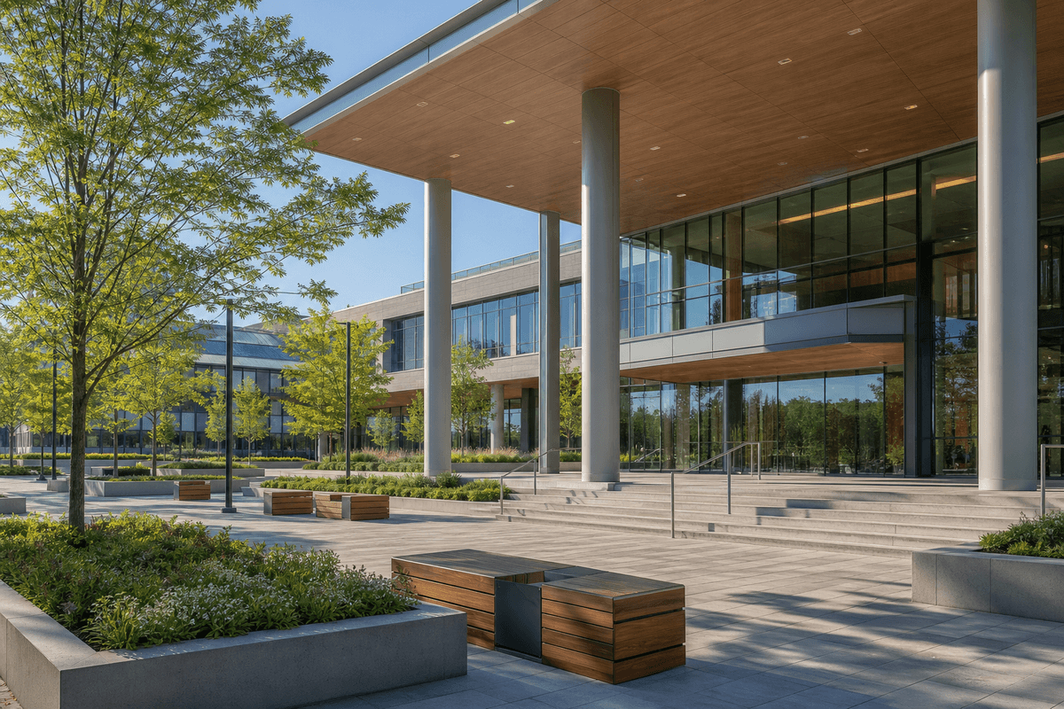 Corporate campus entrance with elegant ETFE canopy