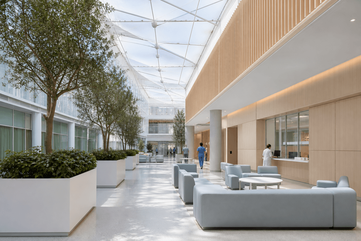 Natural daylight washing a healthcare facility atrium through an ETFE roof