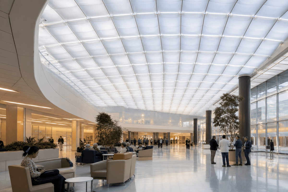 Translucent ETFE ceiling plane washing interiors with daylight