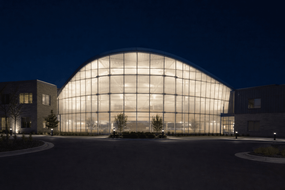 ETFE roof glowing softly at night