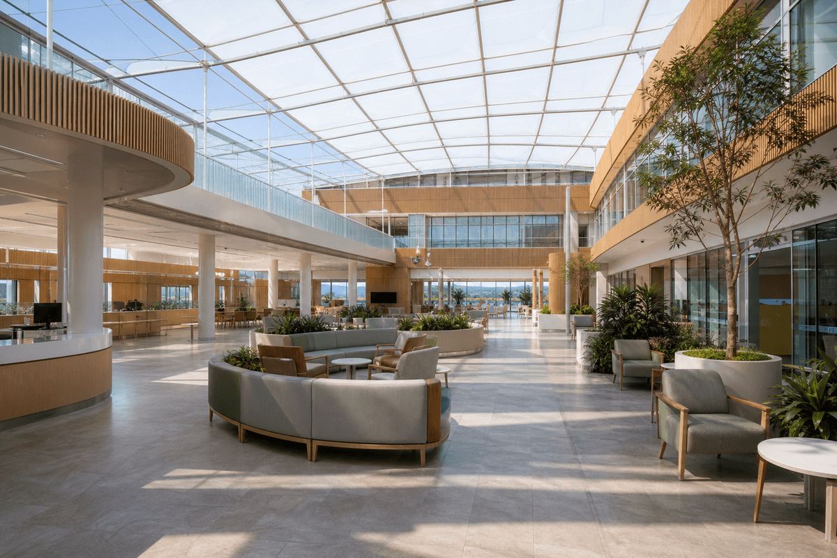 Completed healthcare atrium with translucent ETFE roof