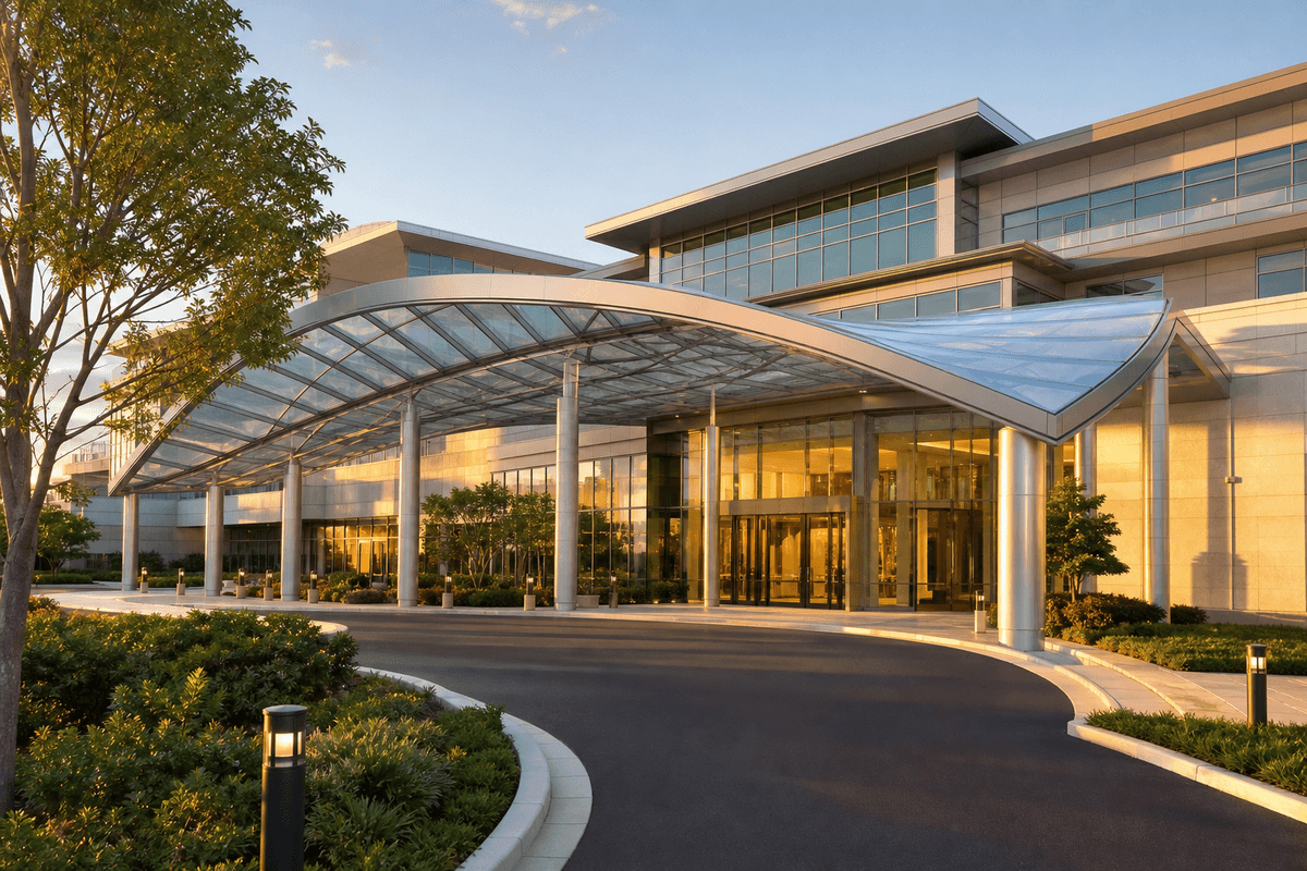 Healthcare facility entrance with elegant ETFE canopy