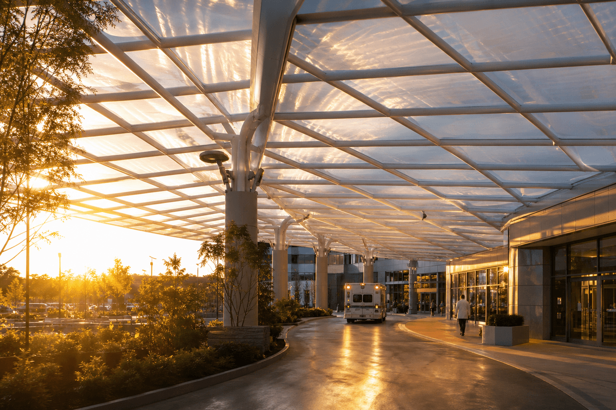 Still of daylight moving across a translucent ETFE healthcare canopy