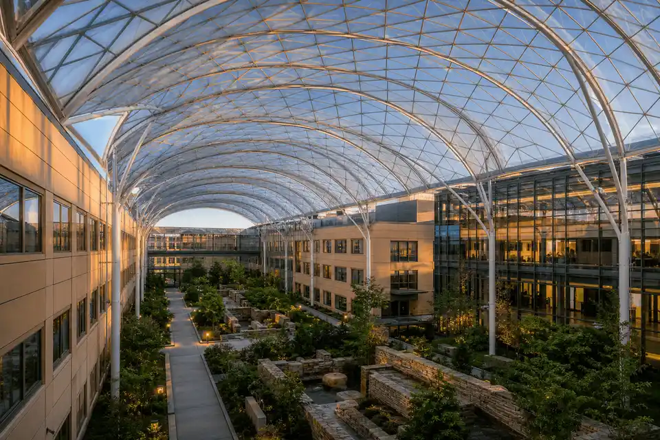 Long-span translucent ETFE roof over a hospital atrium courtyard — Hospital ETFE Roofing systems