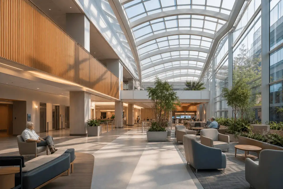 Natural daylight washing a hospital atrium through an ETFE roof — Hospital ETFE Roofing systems