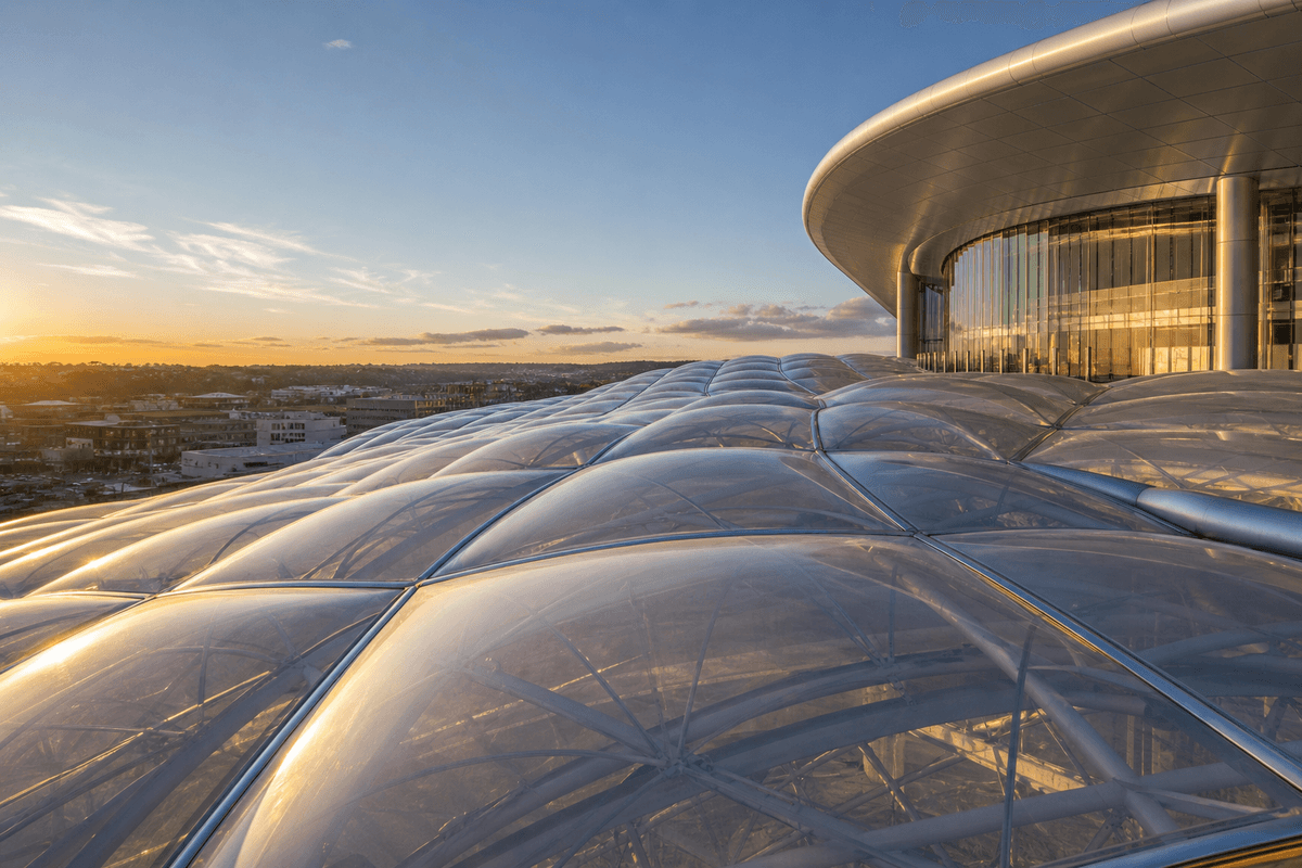 Freeform curved ETFE cushion field on a hospital roof