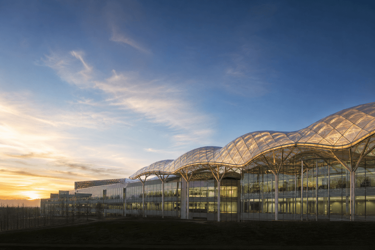 Exterior of a modern hospital with translucent ETFE roof