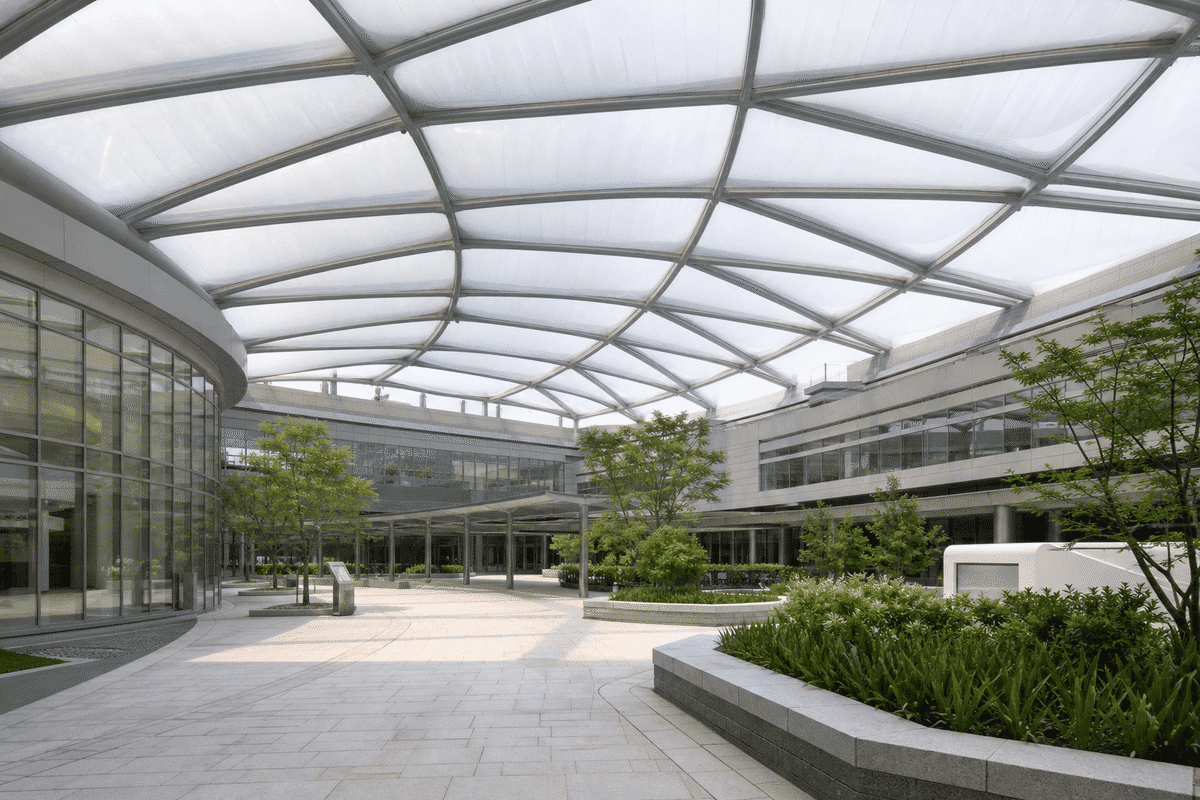 Hospital courtyard under a luminous ETFE air cushion roof