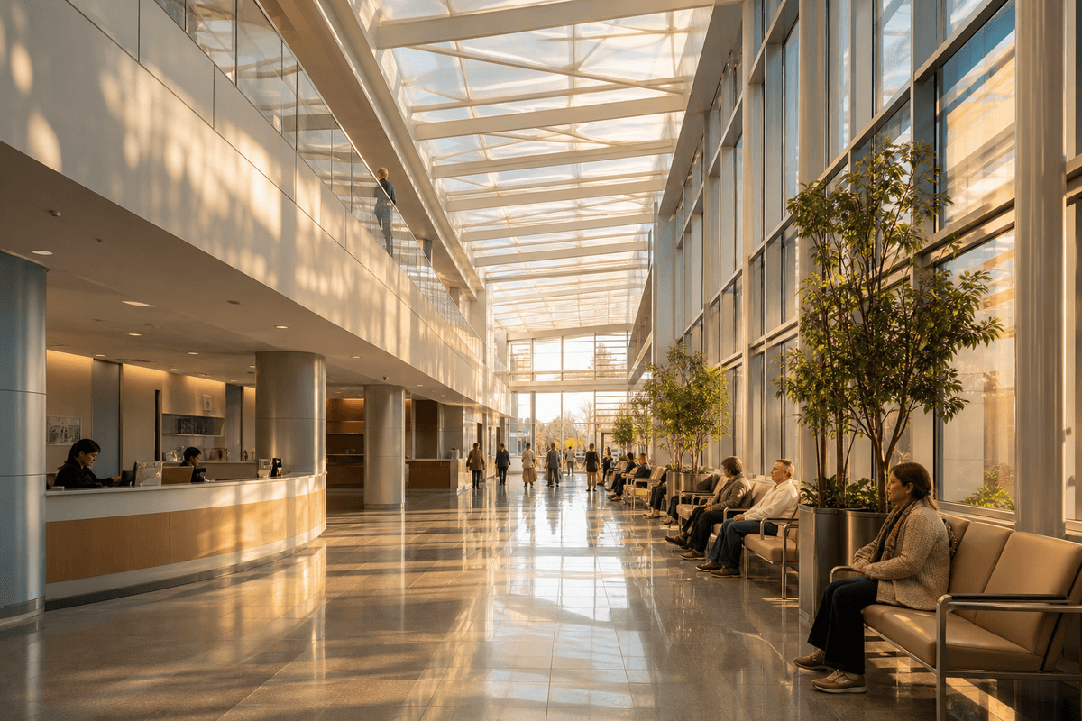 Hospital waiting hall with a translucent ETFE ceiling plane