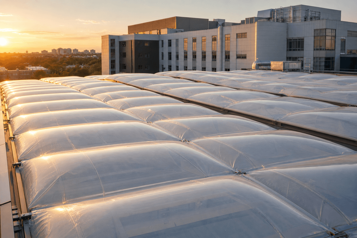 Close view of multi-layer ETFE air cushions on a hospital roof