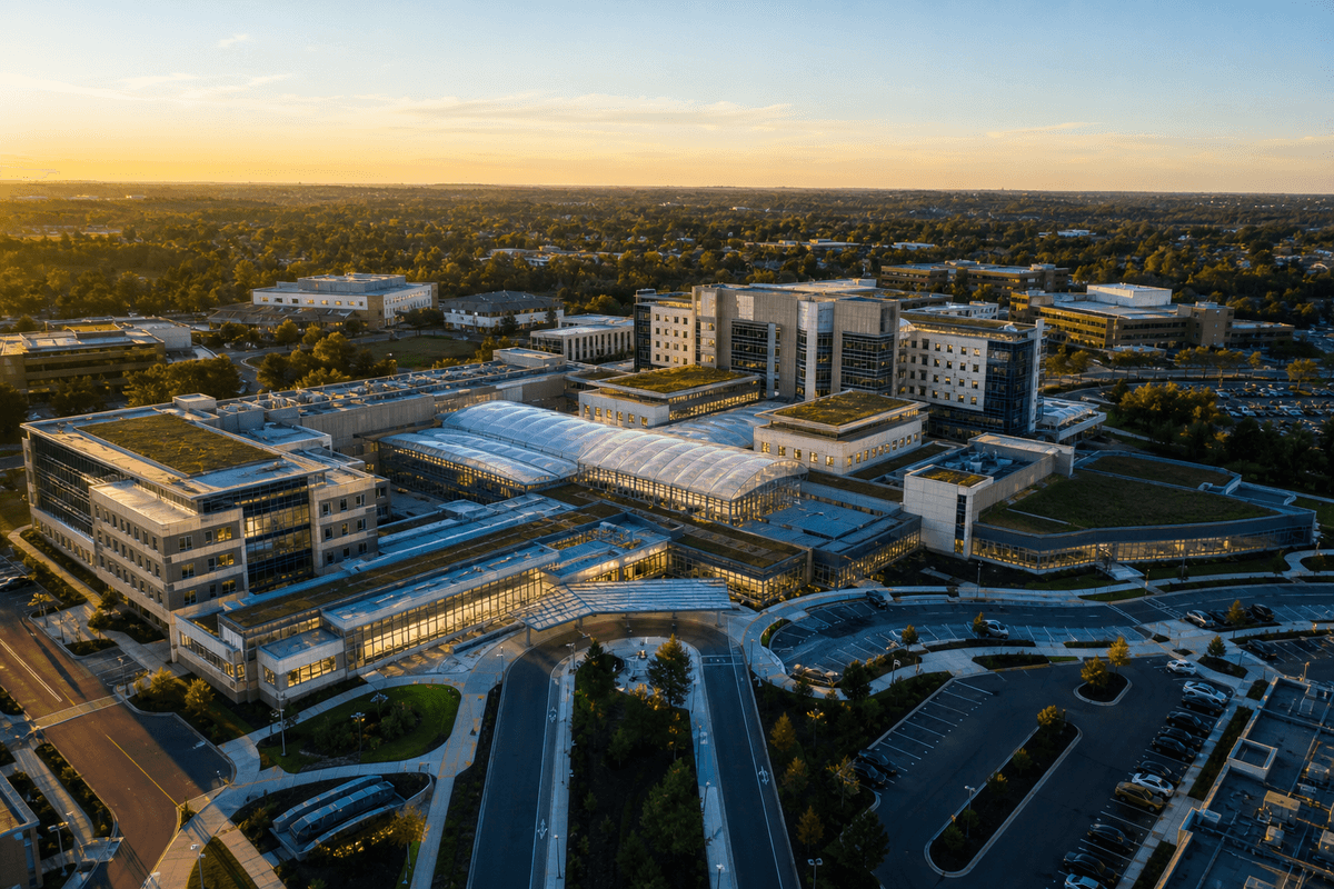 Completed hospital campus with translucent ETFE roof from above