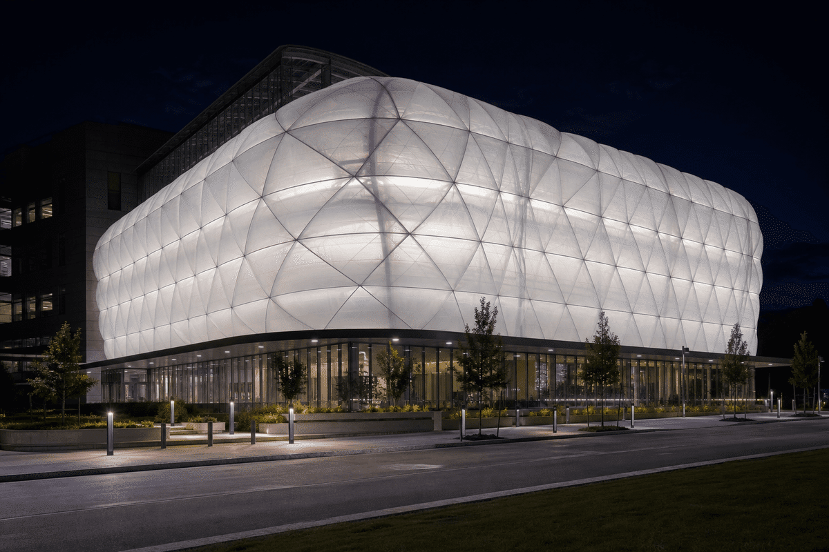 Hospital ETFE atrium glowing softly at night