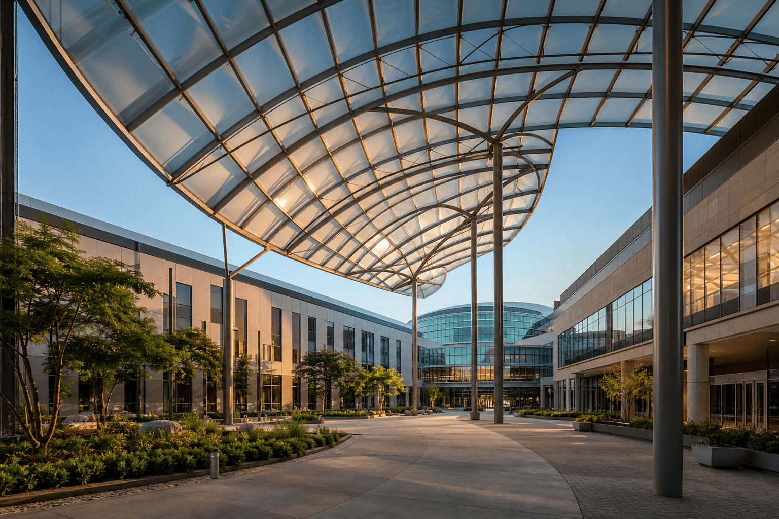 Modern hospital campus with translucent ETFE daylight roof atrium at golden hour