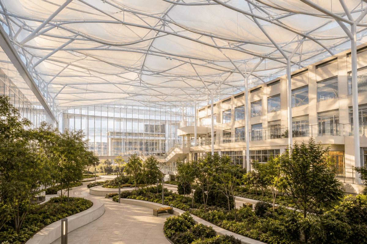 Daylit modern hospital healthcare building with translucent ETFE daylight roof atrium