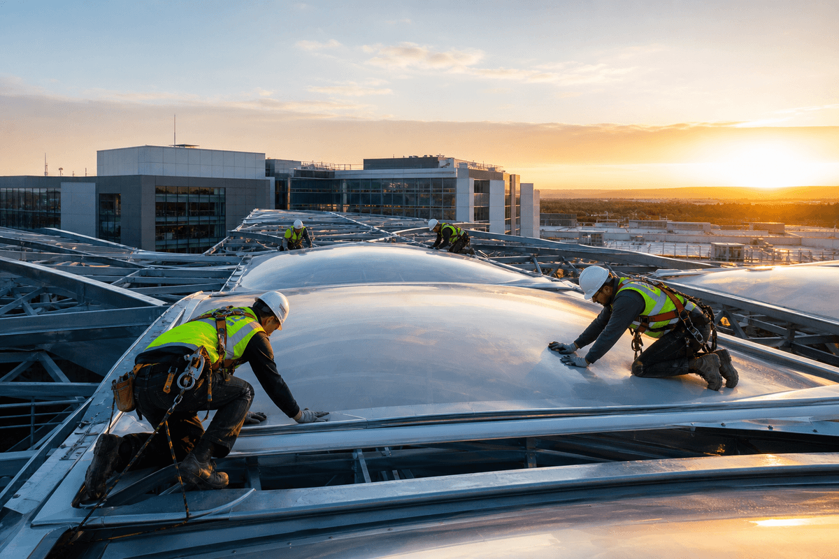 Construction crew installing ETFE cushion modules on a hospital roof grid