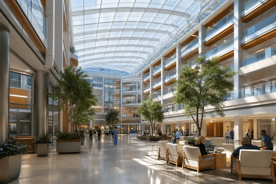 Completed hospital atrium with translucent ETFE roof — Hospital ETFE Roofing