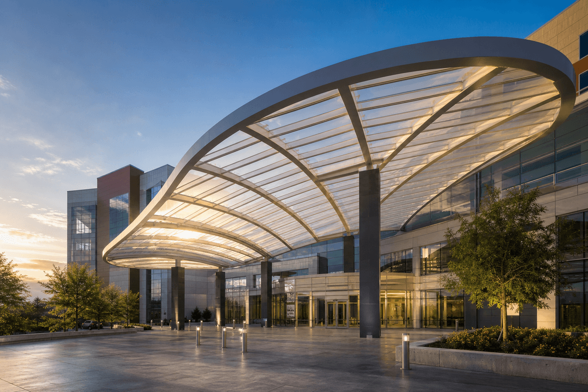 Hospital entrance with elegant ETFE canopy