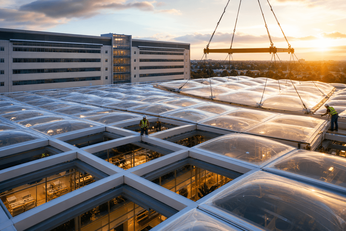 Still of multi-layer ETFE air cushion installation on a hospital atrium roof