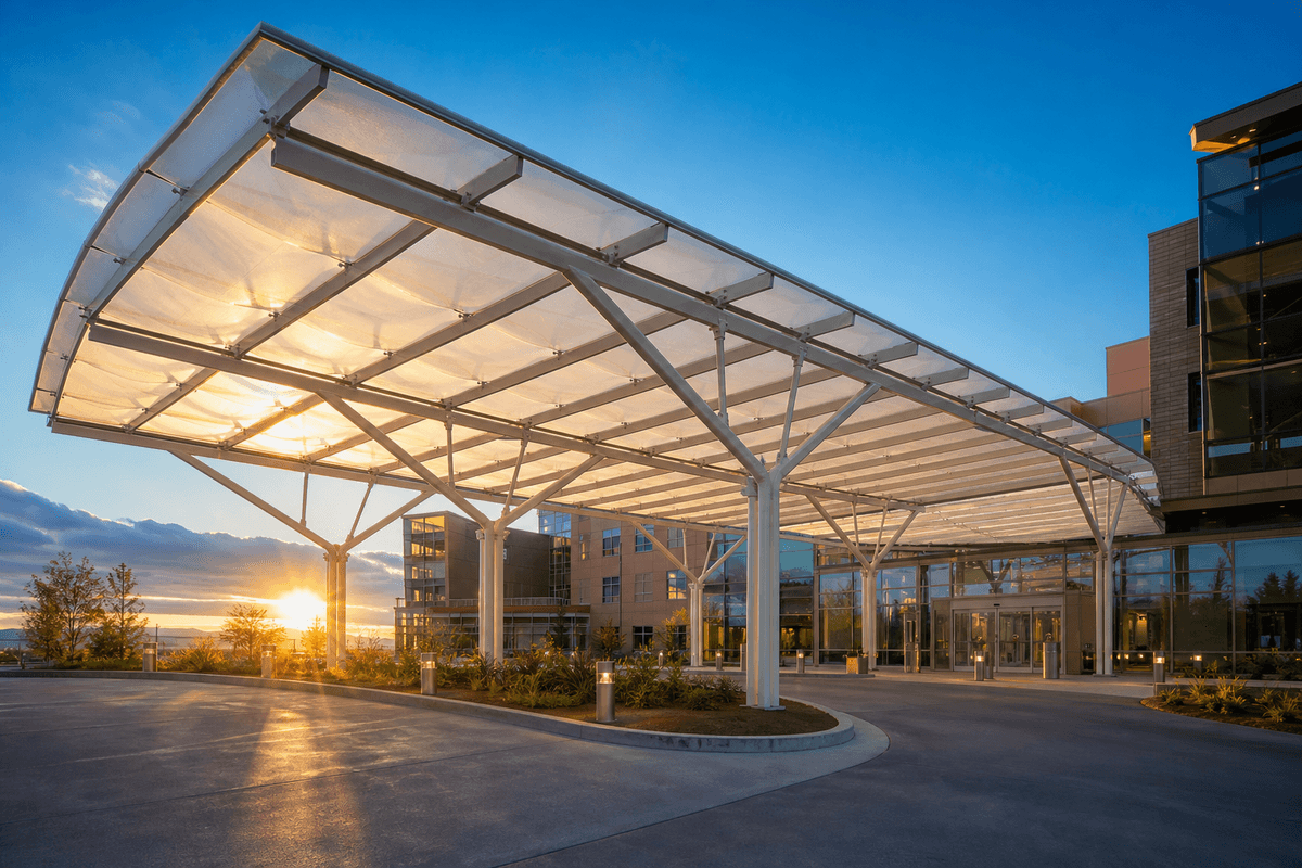 Still of daylight moving across a translucent ETFE hospital canopy
