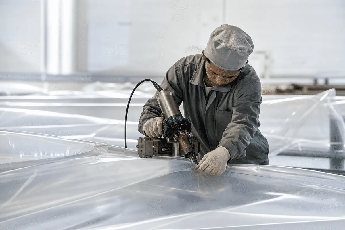 Still of precision welding and fabrication of ETFE film modules — Hospital ETFE Roofing systems