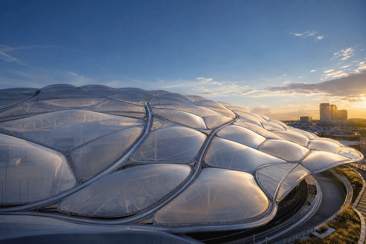 Freeform curved ETFE cushion field on an indoor sports arena bowl