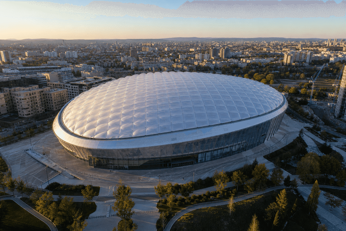 Completed building with translucent ETFE roof from above