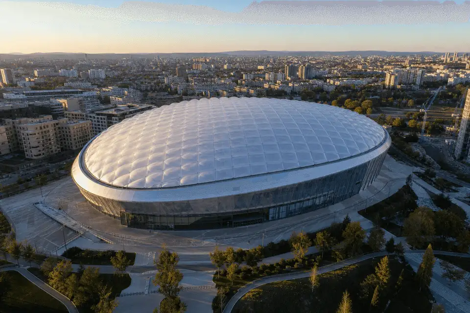 Completed building with translucent ETFE roof from above — Indoor Sports Arena ETFE Roofing systems