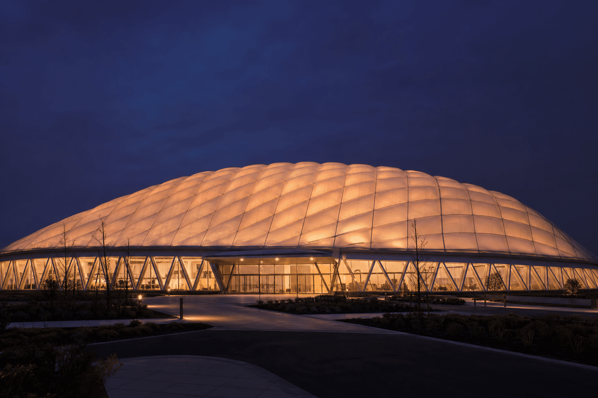 ETFE roof glowing softly at night