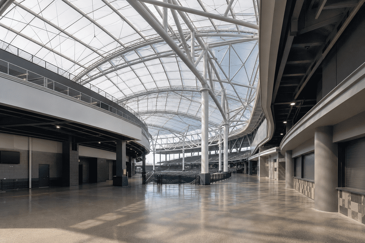 Indoor arena concourse with sweeping ETFE skylight roof