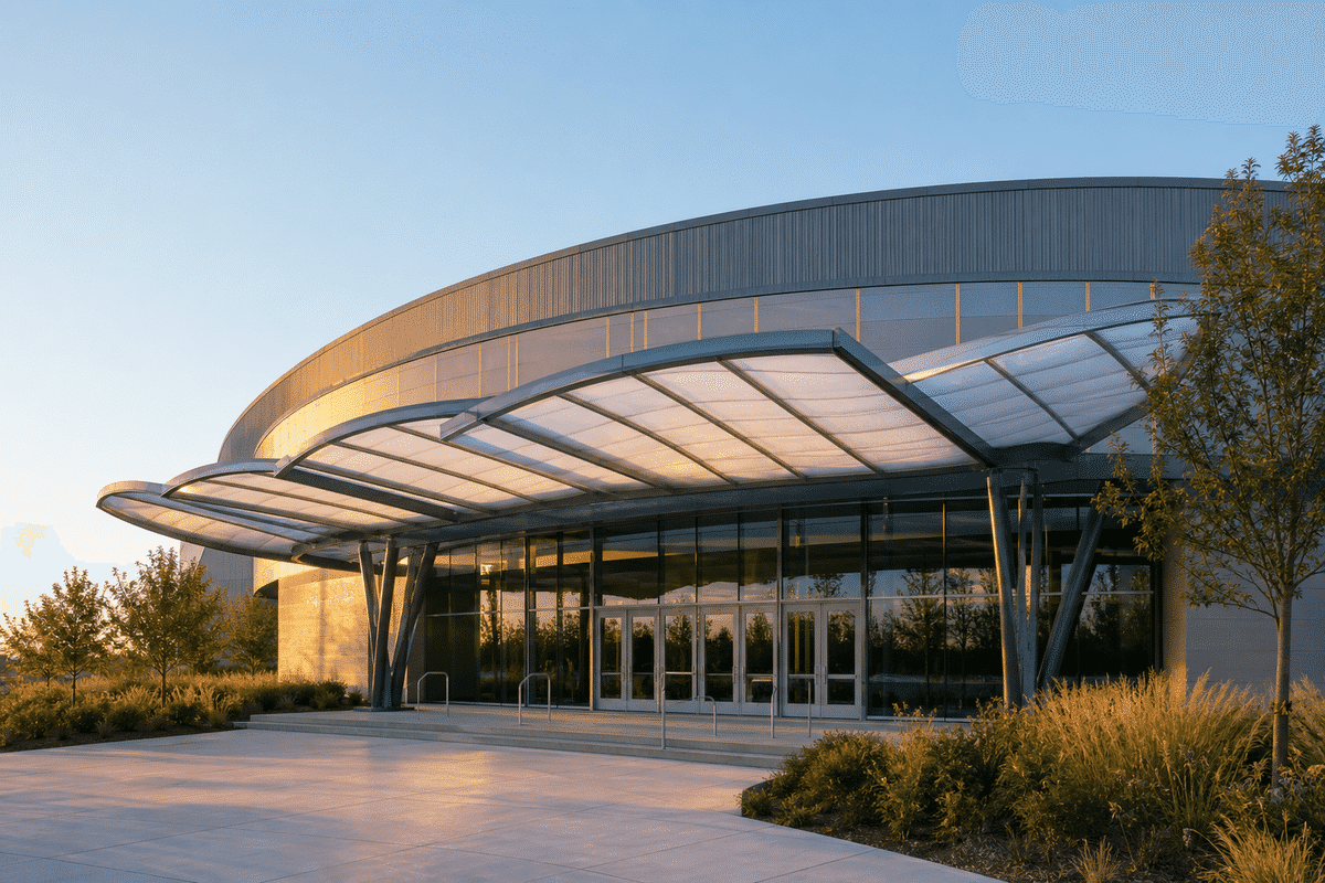 Indoor sports arena entrance with elegant ETFE canopy