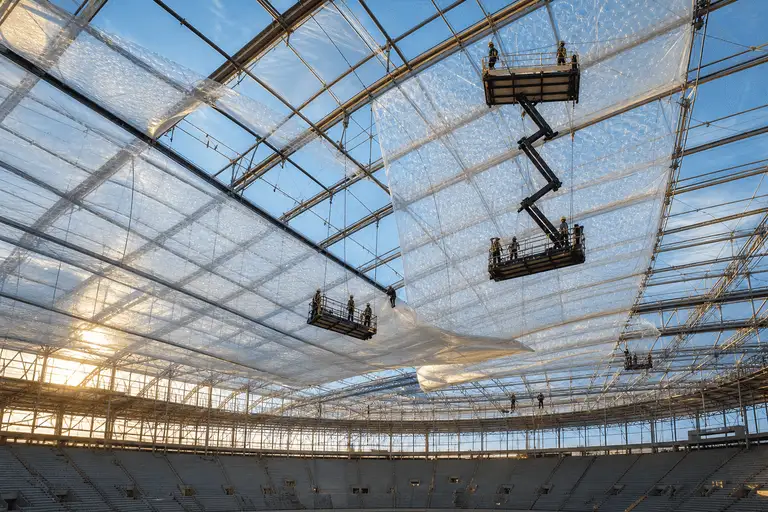 Still of multi-layer ETFE air cushion installation on a arena roof — Indoor Sports Arena ETFE Roofing systems