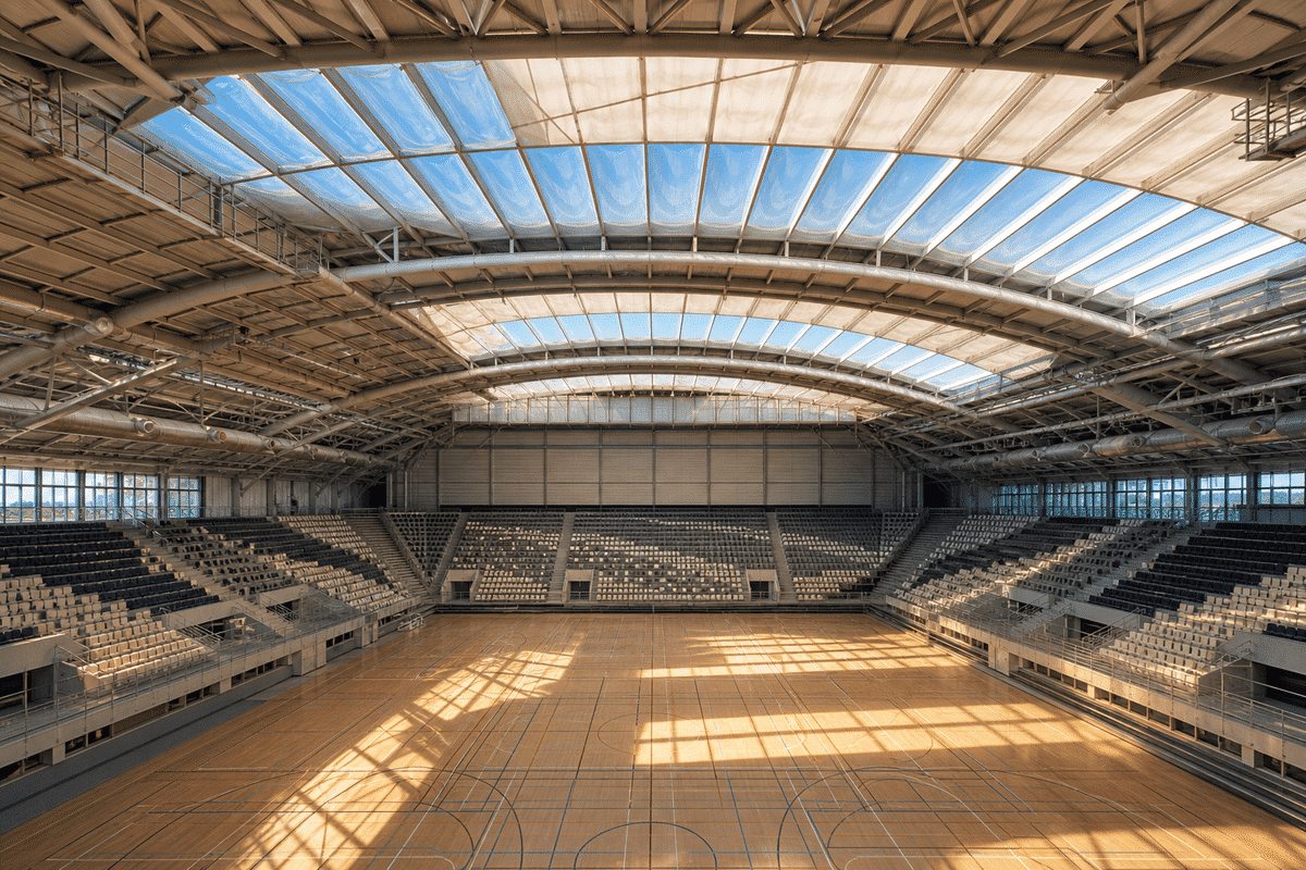 Still of daylight moving across a translucent ETFE arena canopy