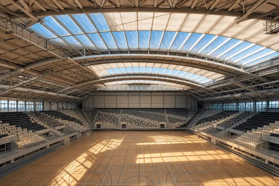 Still of daylight moving across a translucent ETFE arena canopy — Indoor Sports Arena ETFE Roofing systems