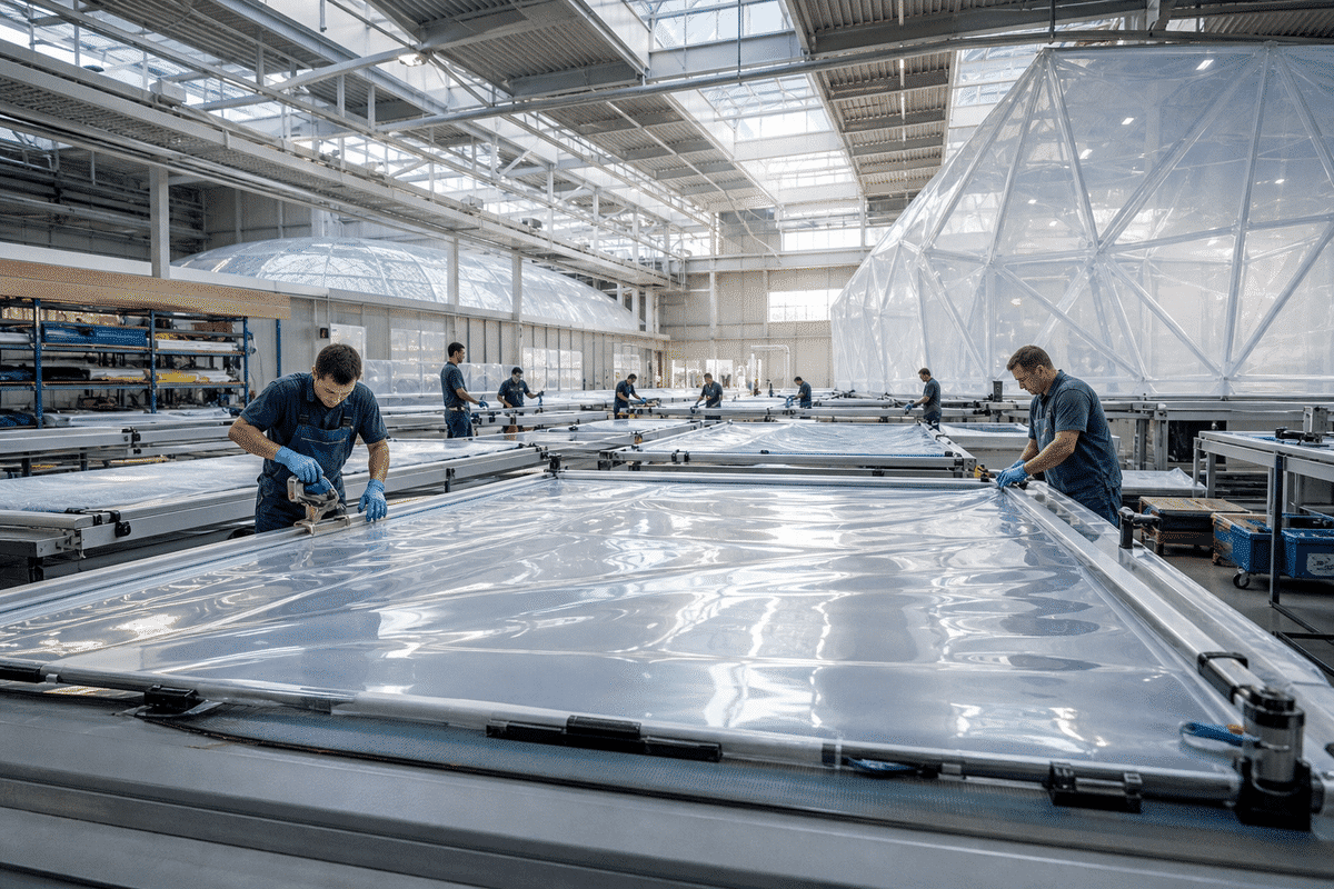 Still of precision welding and fabrication of ETFE film modules