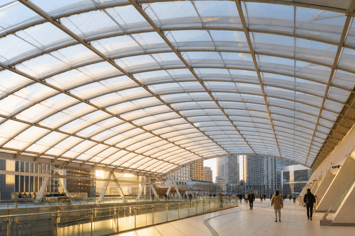 Long-span translucent ETFE roof over a metro station concourse