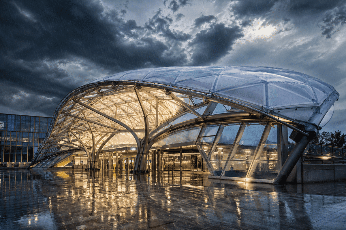 ETFE metro station roof under storm lighting and rain