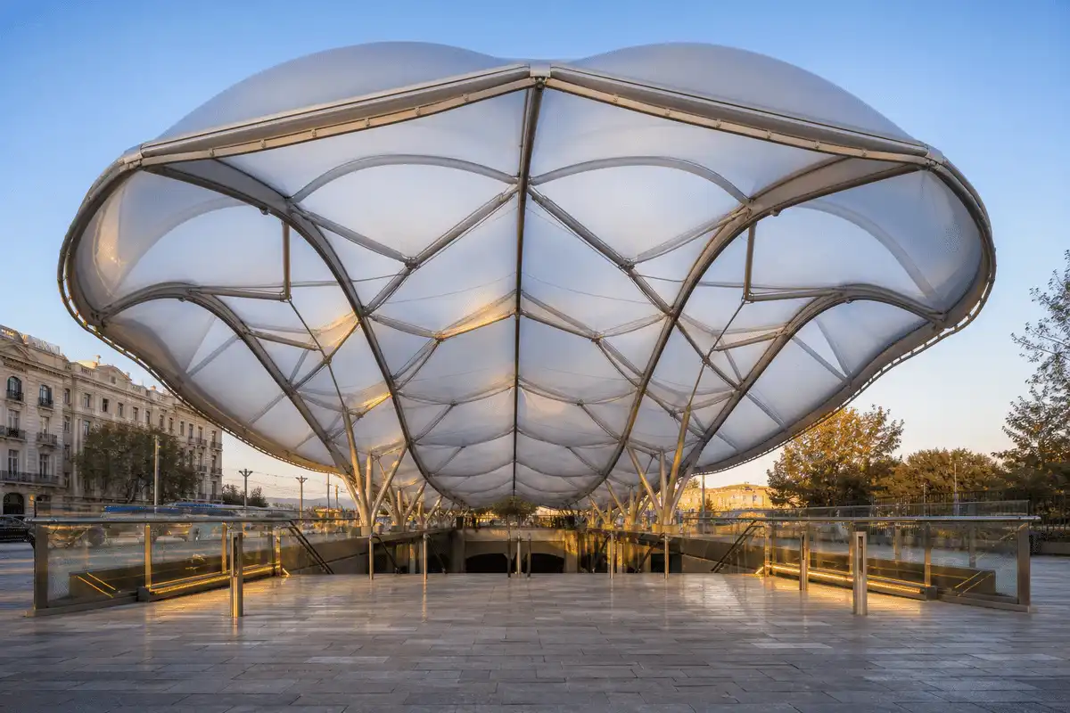 Freeform curved ETFE cushion field on a metro station roof — Metro Station ETFE Roofing systems