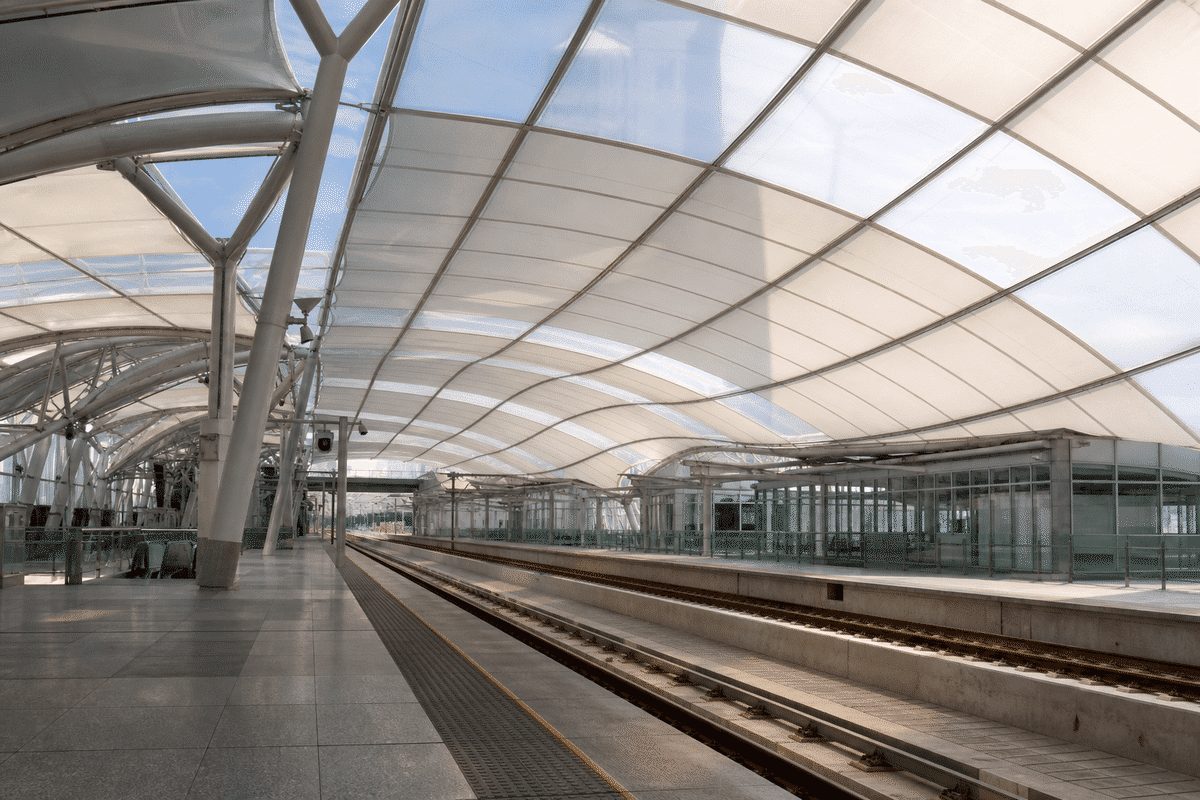 Metro interior looking up at a daylit ETFE cushion roof