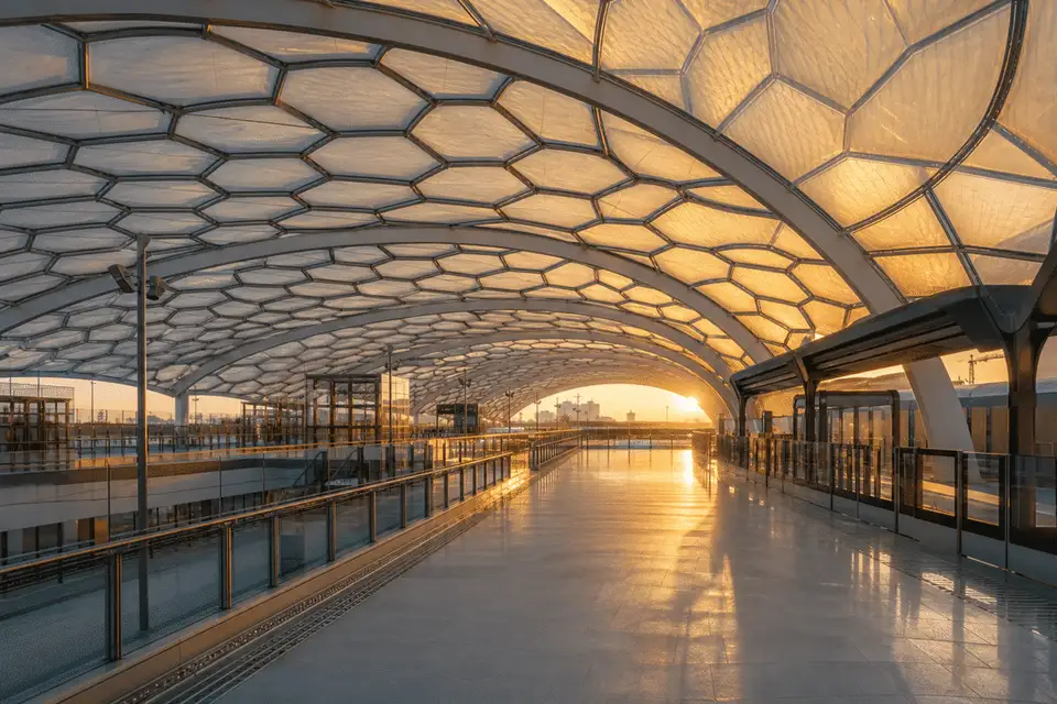 Concourse under a luminous ETFE air cushion roof — Metro Station ETFE Roofing