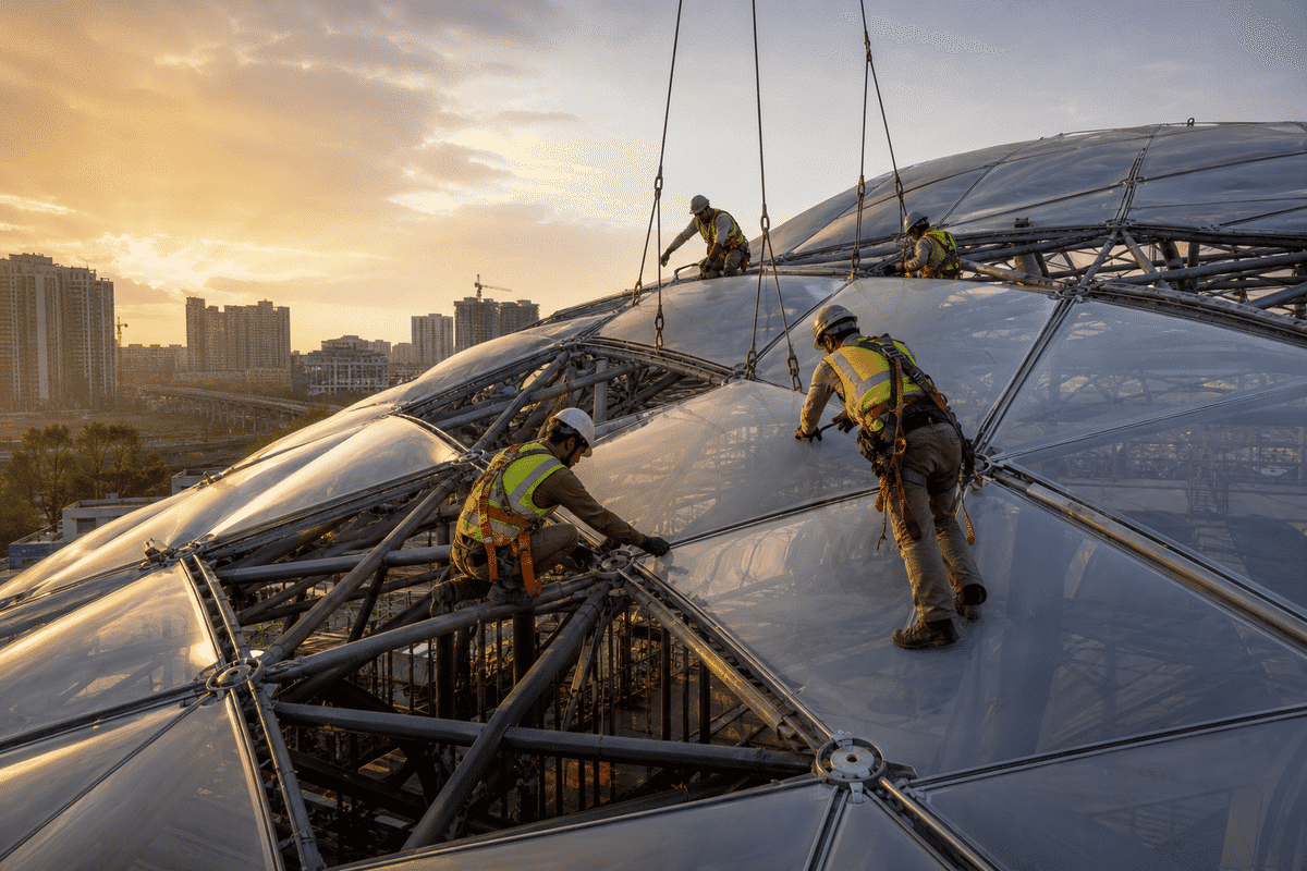 Construction stage installing ETFE modules on metro steel grid