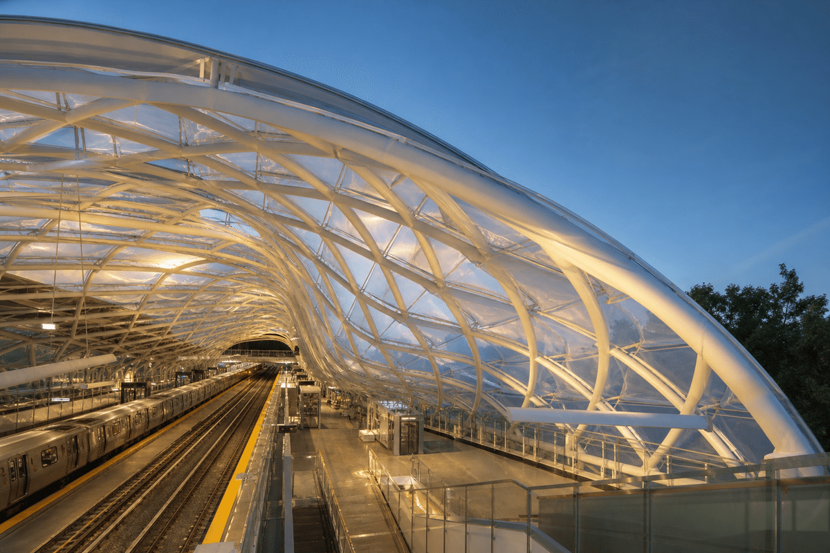 Completed metro station with finished ETFE roof envelope