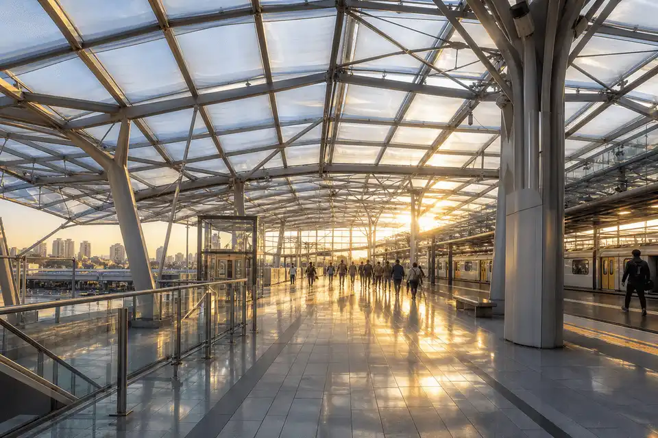 Daylit metro station concourse under a translucent ETFE roof — Metro Station ETFE Roofing systems