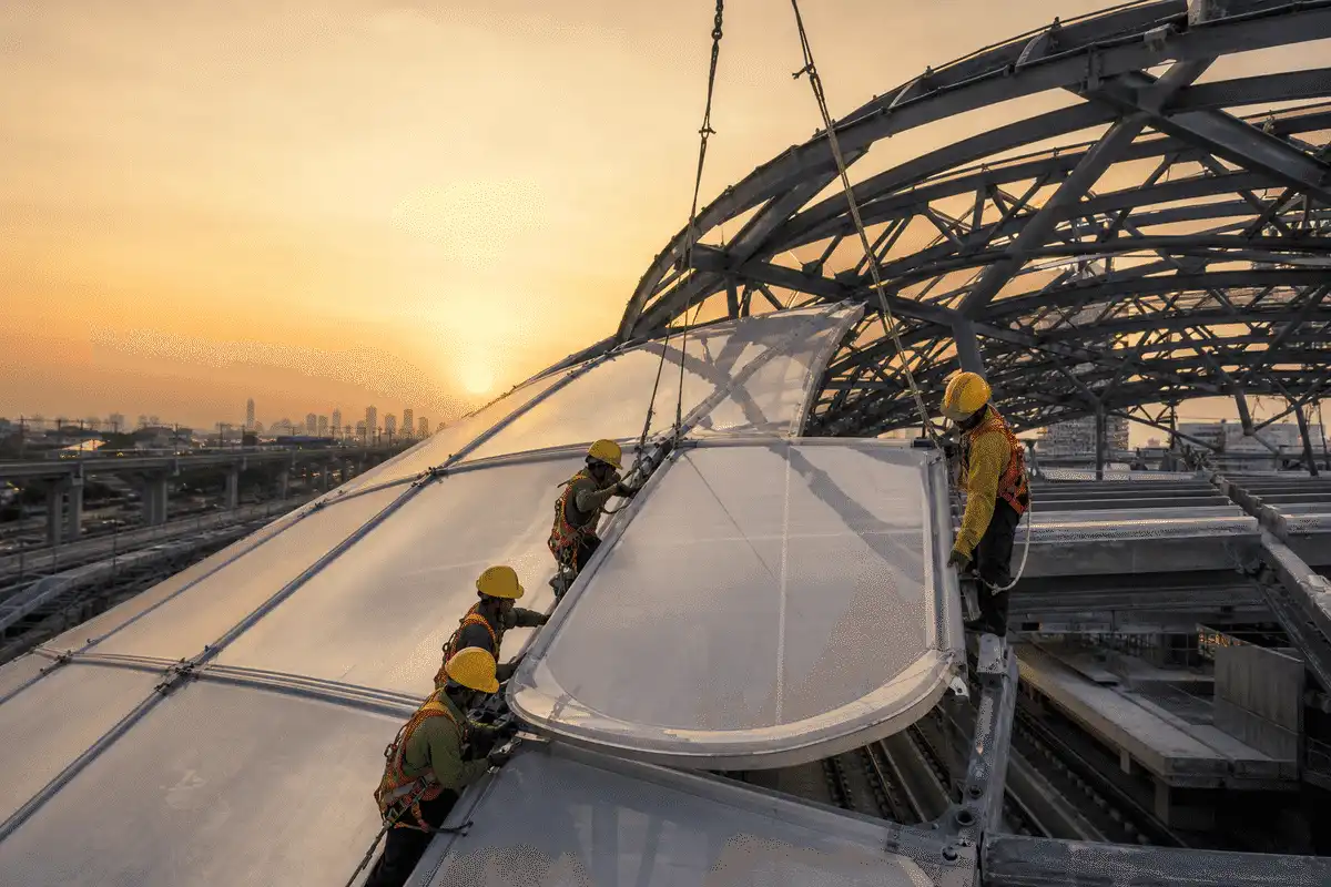 Construction crew installing ETFE cushion modules on a metro station roof grid — Metro Station ETFE Roofing systems