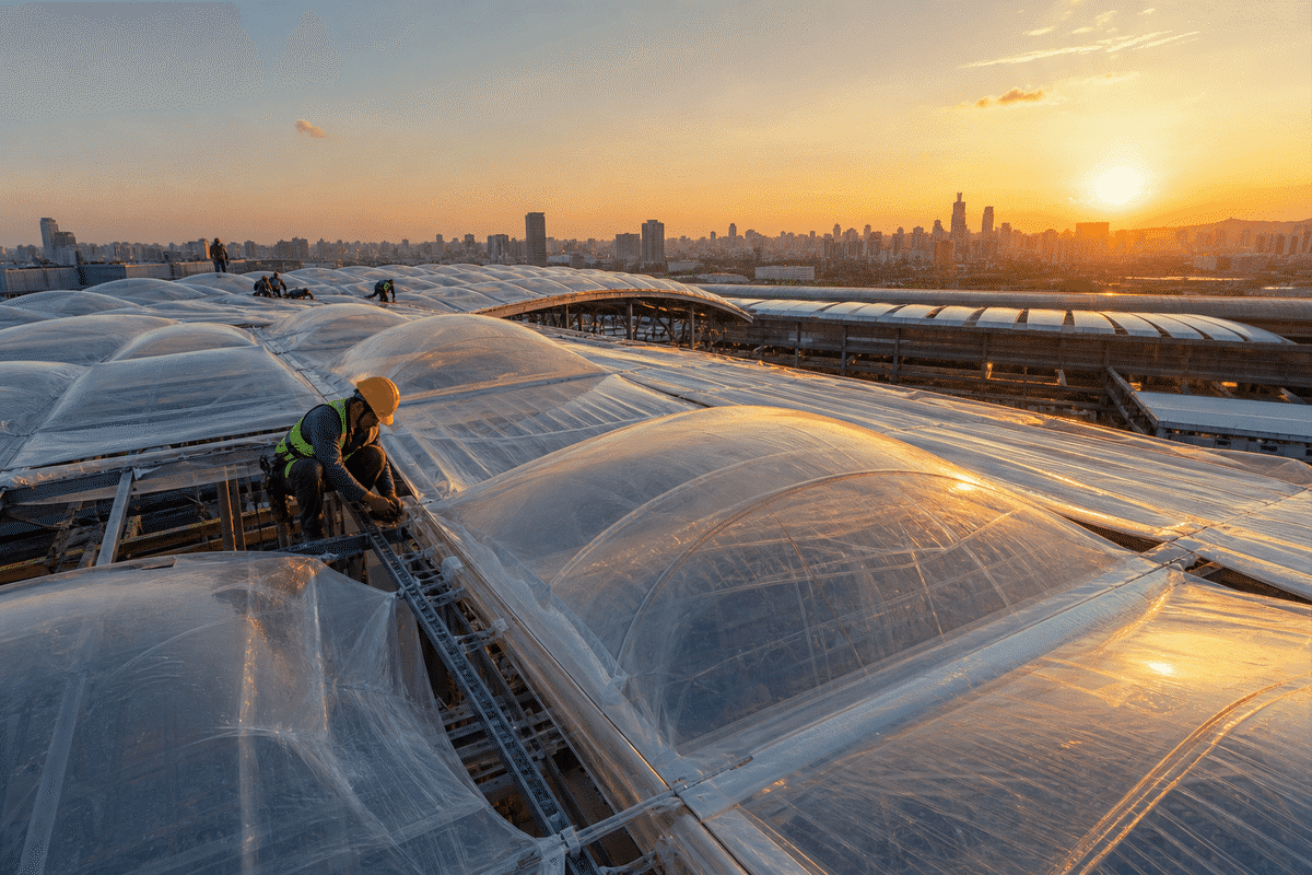 Still of multi-layer ETFE air cushion installation on a long-span metro station roof