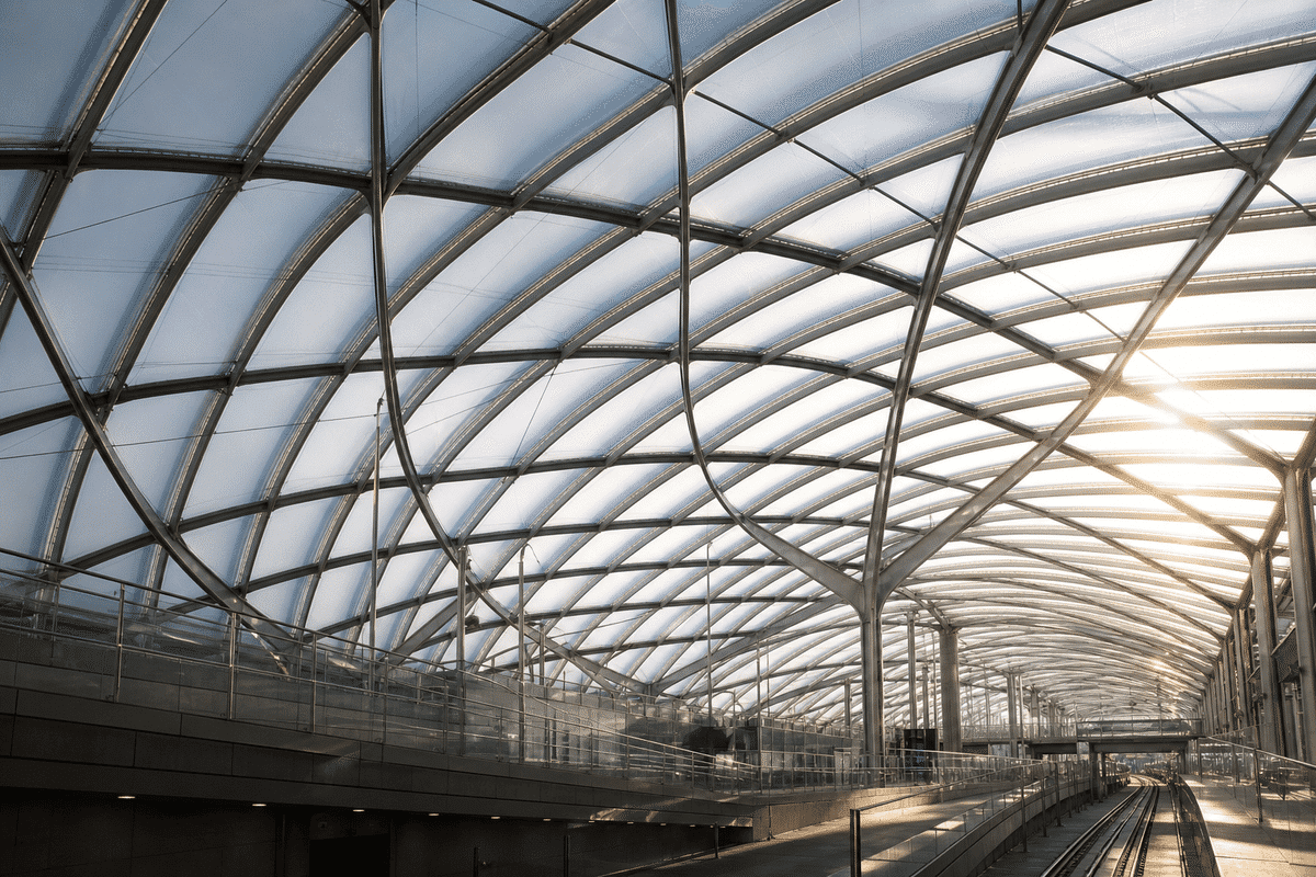 Still of daylight moving across a translucent ETFE metro station canopy