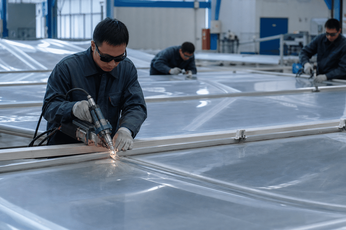 Still of precision welding and fabrication of ETFE film modules